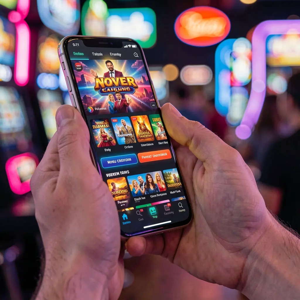 Hands playing colorful slot games on the 86OK casino app with bright neon casino style visuals on a smartphone screen