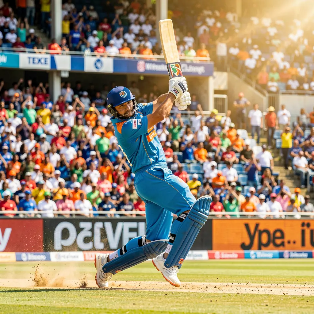 Dynamic cricket action with a batsman executing a powerful shot in front of thousands of fans symbolizing big match moments and betting opportunities with 86OK